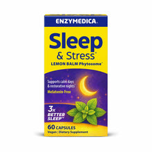 Enzymedica Sleep & Stress Lemon Balm Phytosome supplement box with 60 vegan capsules, featuring moon and lemon balm leaf grap