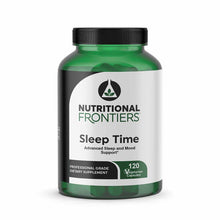 Green bottle of Nutritional Frontiers Sleep Time dietary supplement with black cap, containing 120 vegetarian capsules.