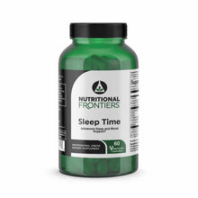 Green bottle of Nutritional Frontiers Sleep Time dietary supplement with black cap, containing 60 vegetarian capsules.