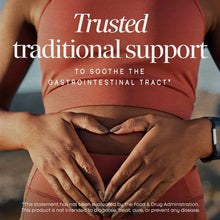 Person in coral shirt with hands placed on stomach, text overlay about traditional support for gastrointestinal tract.