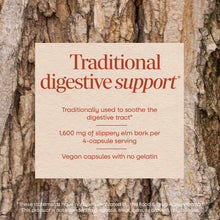 Cream-colored product label with red text on textured tree bark background describing slippery elm bark supplement details.
