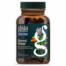 Amber glass bottle of Gaia Herbs Sound Sleep herbal supplement with green cap containing 120 liquid phyto-caps.