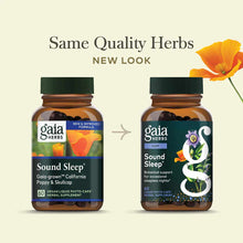 Two brown glass bottles of Gaia Herbs Sound Sleep supplement showing old and new label designs side by side.