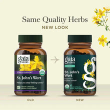 Gaia Herbs St. John's Wort supplement bottles showing old and new label designs with yellow flowers and amber glass container