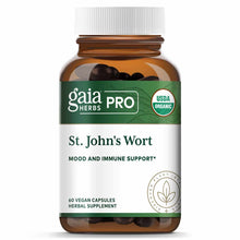 Gaia Herbs Pro St. John's Wort bottle with white cap containing 60 dark vegan capsules and green label with USDA Organic seal