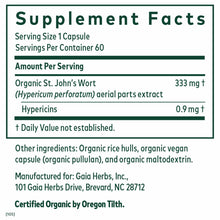 Supplement Facts label for St. John's Wort capsules showing 60 servings per container with 333 mg organic extract per capsule
