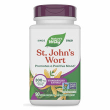 White bottle with purple cap labeled Nature's Way St. John's Wort 300 mg standardized extract, 90 vegan capsules.