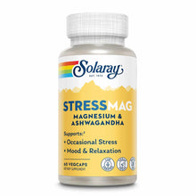 Solaray Stress Mag supplement bottle with yellow label containing magnesium and ashwagandha, 60 vegcaps.