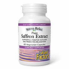 White bottle labeled Stress-Relax Pure Saffron Extract containing 60 vegetarian capsules by Natural Factors.