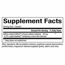Supplement Facts label showing saffron extract 28 mg per capsule with ingredient list.
