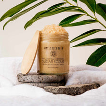 An open glass jar of Little Seed Farm sugar scrub with a wooden spatula rests on stone beside green leaves.