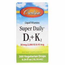 Super Daily D3 + K2 Liquid (2,000 IU/45 Mcg), 360 Veg Drops, by Carlson Labs