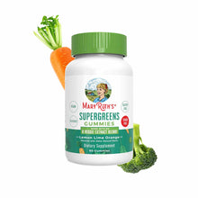 White bottle with green cap labeled MaryRuth's Supergreens Cummies, surrounded by celery, carrot, and broccoli.