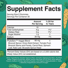 Supplement Facts label for Super Greens Gummies showing serving size, nutritional information, and vegetable ingredients on t