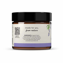 Brown glass jar with black lid containing tallow balm, labeled with lavender graphics and ingredient list.