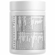 White supplement bottle with white cap displaying "Supplement Facts" label listing multivitamin ingredients and nutritional i