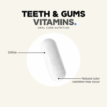 White capsule supplement labeled "Teeth & Gums Vitamins" with size measurement of 0.90 inches.