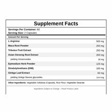 Supplement Facts label for Testo 180 showing ingredients including L-Arginine, Maca Root Powder, Tribulus Fruit Extract, and