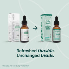 Charlotte's Web Daily Care CBD Extract Oil in mint chocolate flavor, available in both original white box and updated teal bo