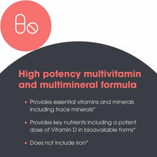Red and white icon of a capsule and circle with text describing multivitamin and mineral formula benefits on dark background.