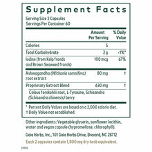 Supplement Facts label for Thyroid Formula by Gaia Herbs Pro showing serving size, nutritional information, and herbal ingred