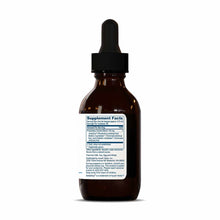 Dark amber glass bottle with black dropper cap and white supplement facts label on front.