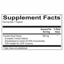 Supplement Facts label for Turiva Complete Turmeric showing 500 mg turmeric root extract per capsule serving.