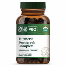 Gaia Herbs Pro Turmeric Fenugreek Complex bottle with green cap containing 120 vegan capsules and USDA organic certification
