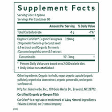Supplement Facts label for Turmeric Fenugreek Complex showing serving size, ingredients, and nutritional information.