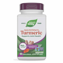 Nature's Way turmeric extract supplement bottle with purple cap containing 60 vegan capsules at 750 mg per serving.