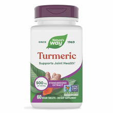 White bottle with purple cap containing Nature's Way Turmeric Standardized Extract dietary supplement tablets.
