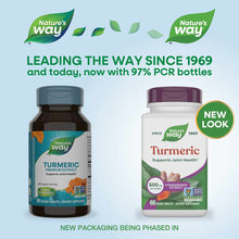 Two Nature's Way Turmeric supplement bottles side by side: dark glass bottle with teal label and white bottle with purple cap
