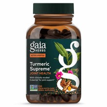 Amber glass bottle with green cap containing dark liquid phyto-capsules of Gaia Herbs Turmeric Supreme Joint Health supplemen