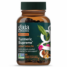Gaia Herbs Turmeric Supreme Joint Health bottle with dark green cap containing 60 liquid phyto-capsules.