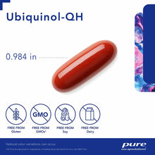Red oval softgel capsule labeled Ubiquinol-QH with size measurement and allergen information icons displayed below.