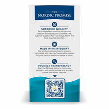 Nordic Naturals product information card displaying quality promise, integrity standards, transparency features, and QR code.