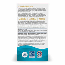 White and teal supplement bottle label for Ultimate Omega 2X fish oil soft gels by Nordic Naturals with product information a