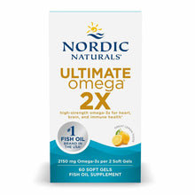 Nordic Naturals Ultimate Omega 2X bottle with lemon flavor, 60 soft gel fish oil supplement capsules.
