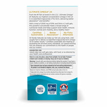 Nordic Naturals Ultimate Omega 2X supplement box with white upper panel displaying product information and blue lower panel w