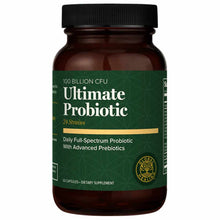 Dark brown glass bottle with green label showing "Ultimate Probiotic 100 Billion CFU, 24 Strains, 60 Capsules" text and Globa