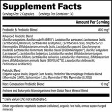 Supplement Facts label showing probiotic blend ingredients, serving size of 2 capsules, and 30 servings per container.
