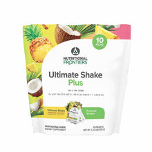 Nutritional Frontiers Ultimate Shake Plus Greens 10-pack pouch with pineapple coconut flavor and individual packets displayed
