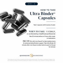 Black capsules with instruction text for Ultra Binder dosage and usage guidelines displayed on white background.