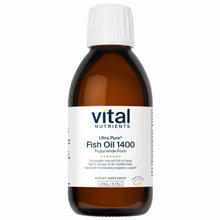 Amber glass bottle with white cap containing Vital Nutrients Ultra Pure Fish Oil 1400 dietary supplement liquid.