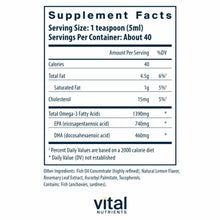 Supplement Facts label for fish oil showing serving size, nutritional information including omega-3 fatty acids, and ingredie