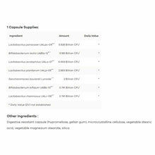 Nutritional information label for UltraBiotic Complete showing probiotic ingredients and CFU amounts per capsule.