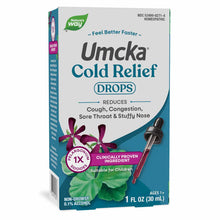 Umcka Cold Relief Drops bottle by Nature's Way, 1 FL OZ, with dropper and purple flowers on packaging.