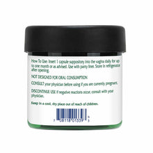 White and green jar with black cap containing probiotic suppositories, showing usage instructions and barcode on label.