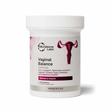 White bottle of Microbiome Labs Vaginal Balance capsules with uterus illustration and pink accents on label.