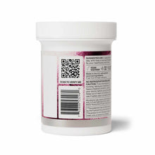White cylindrical supplement bottle with pink and burgundy label featuring QR code, barcode, and usage instructions for Vagin